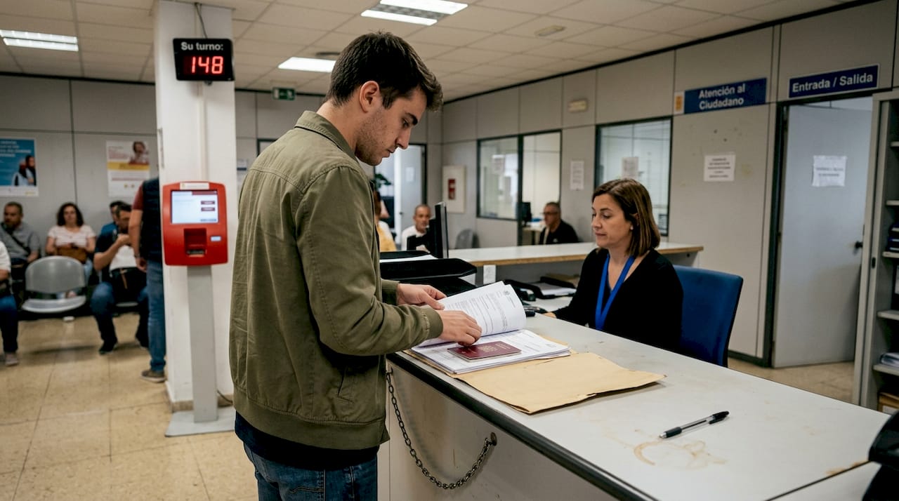 Un hombre entrega papeles en la ventanilla de una oficina pública.