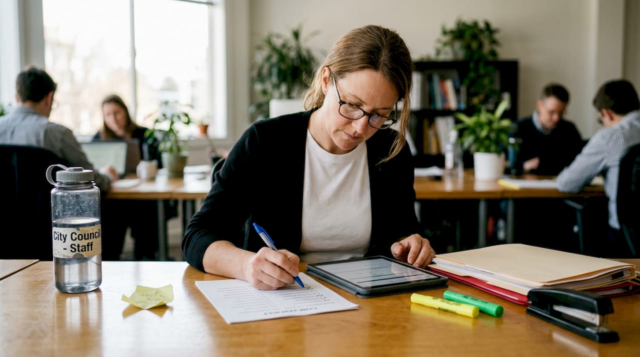 Woman organizing legal documents with checklist