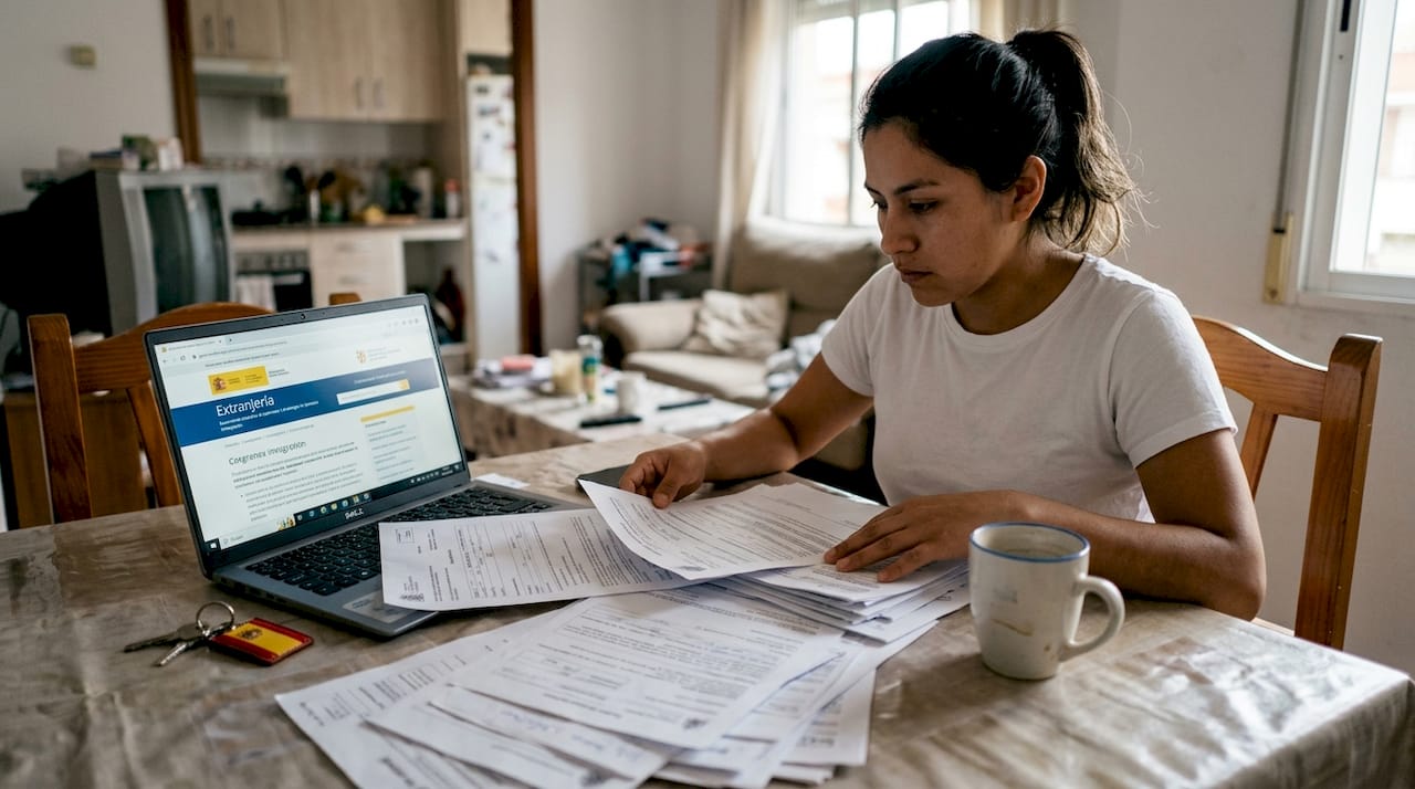 Una mujer revisa y ordena papeles para poner en regla sus trámites.