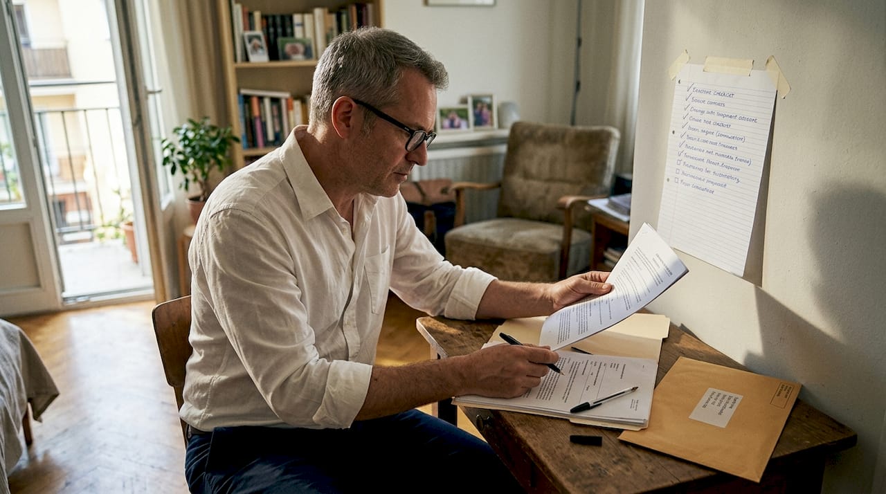 Man double-checks documents with homemade list