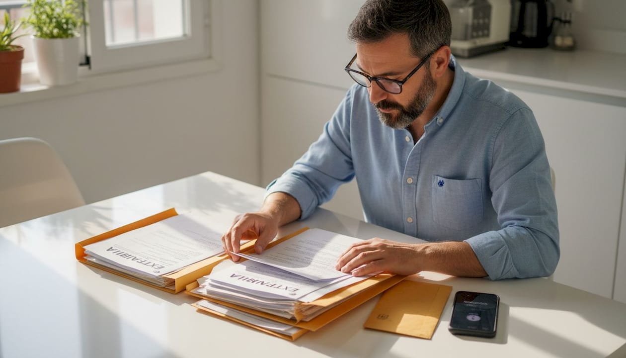 Un hombre repasa en casa la documentación para trámites de extranjería.