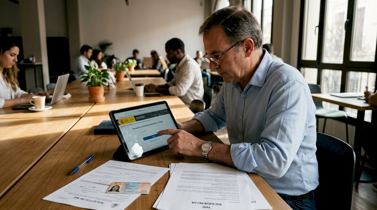 Man logging into Spain case tracking site in office