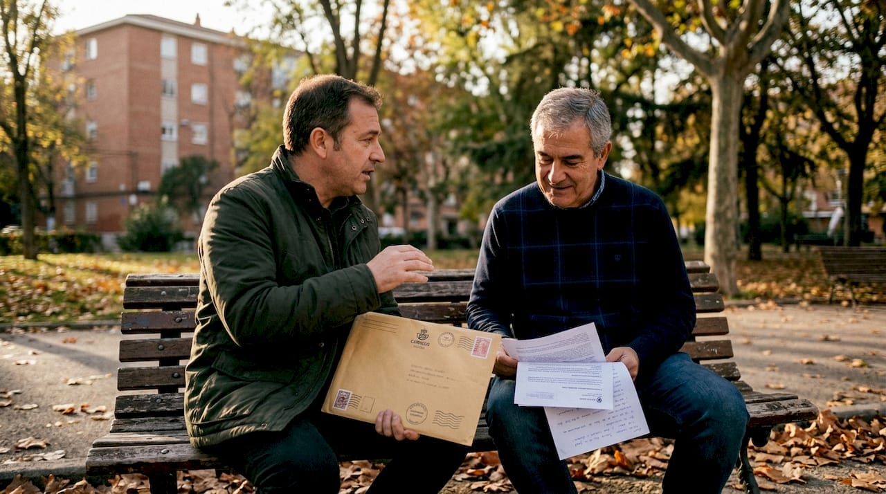 Dos hombres charlan sobre los papeles y gestiones para regularizar su situación migratoria.