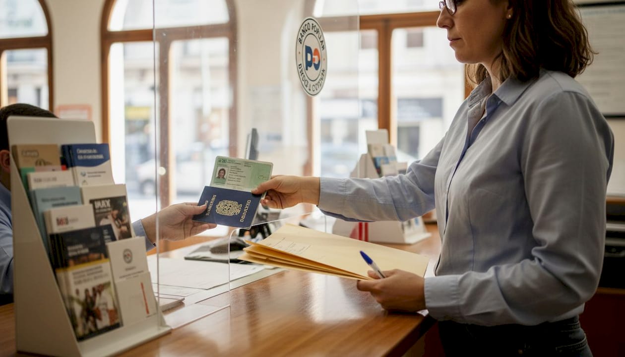 Resident presenting NIE document at Spanish bank