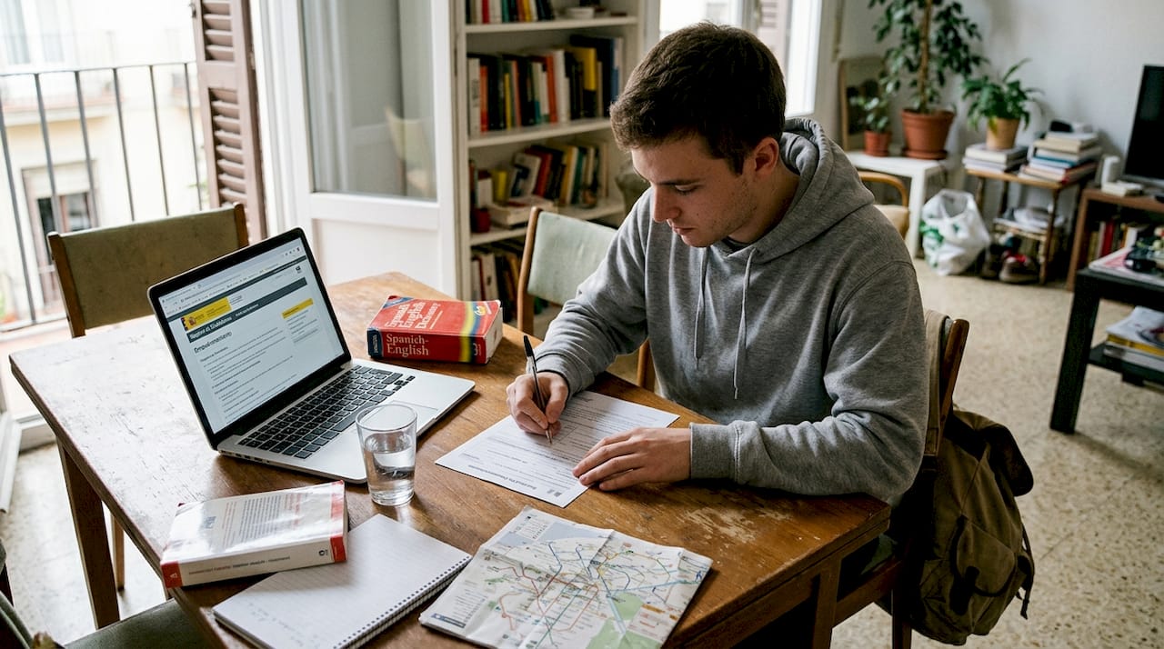 Student completing Spanish residency form at home