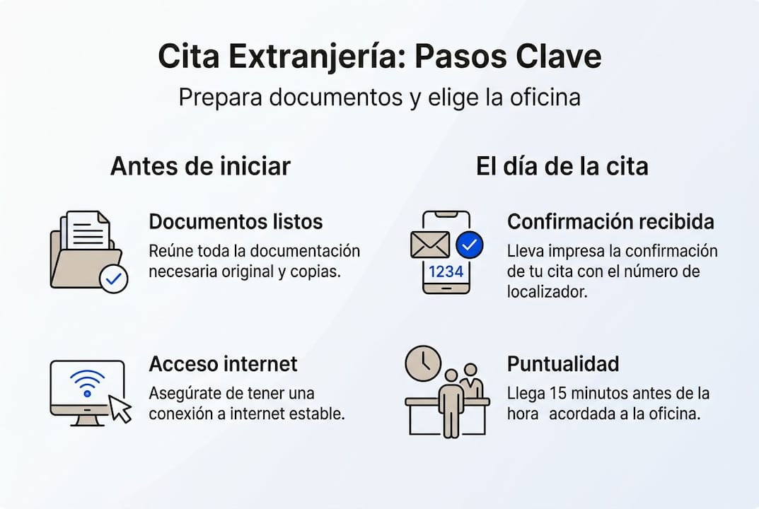 Infografía con los pasos clave para solicitar una cita en extranjería