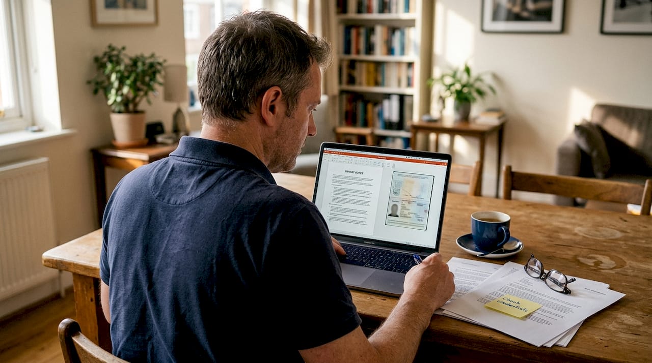 Man verifying immigration data on secure laptop