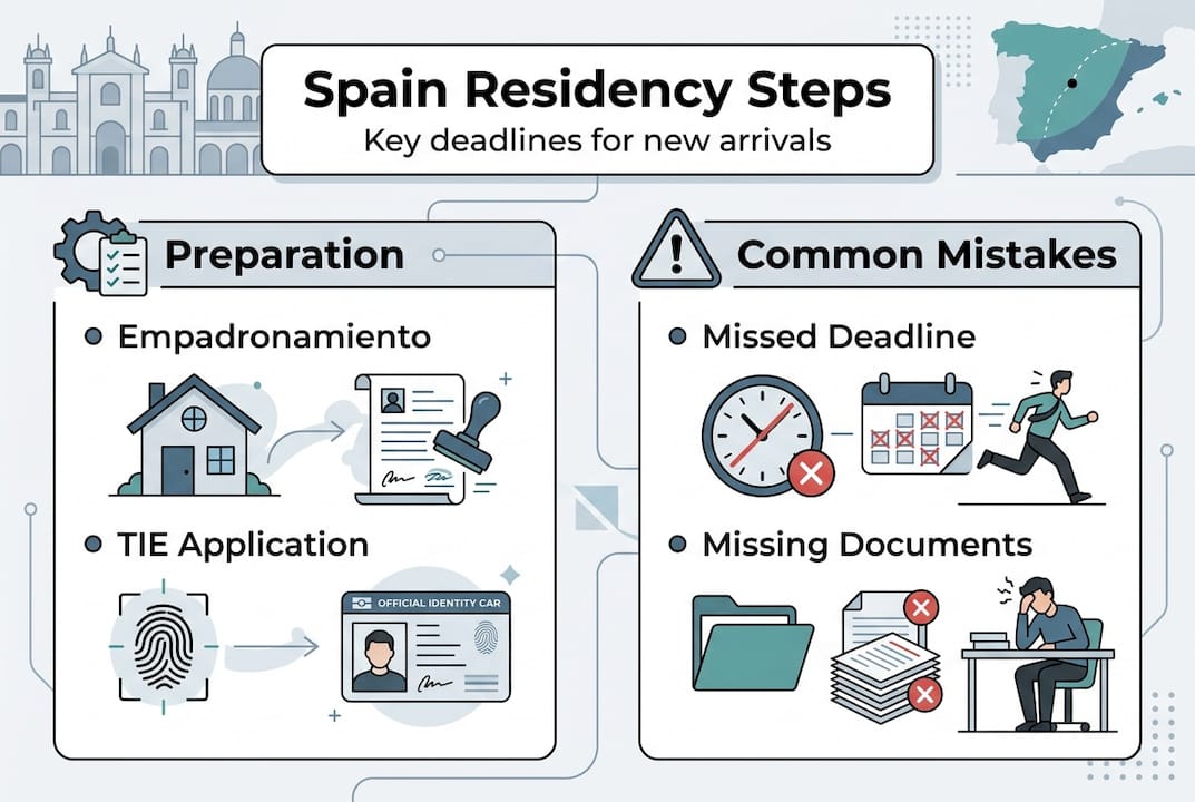 Infographic showing Spain residency deadlines and pitfalls