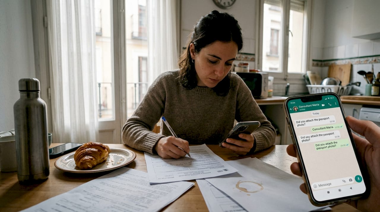 Applicant completing NIE form in Madrid home