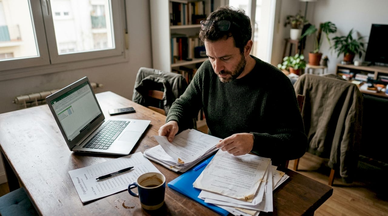 Un hombre revisa y organiza documentos digitales sobre su escritorio.