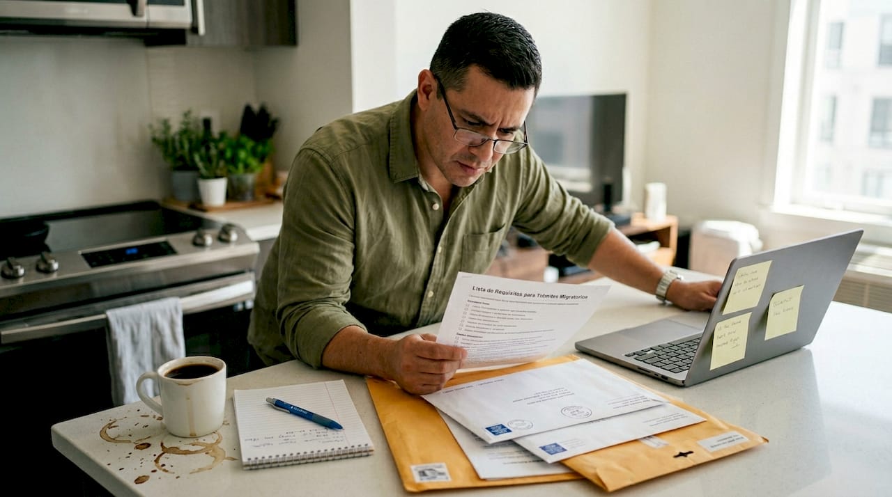 Un hombre revisa la lista de documentos necesarios para su trámite de inmigración.