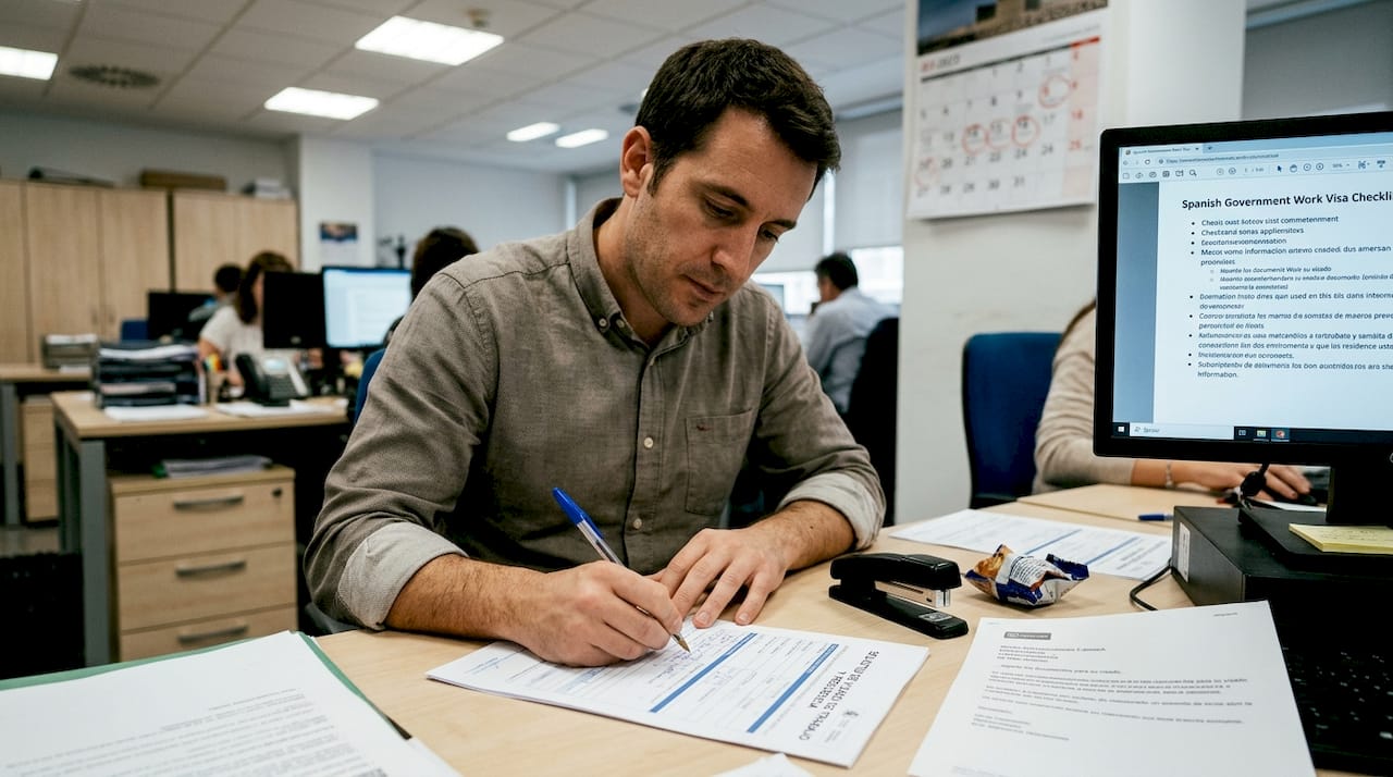 Man completing Spanish work visa application