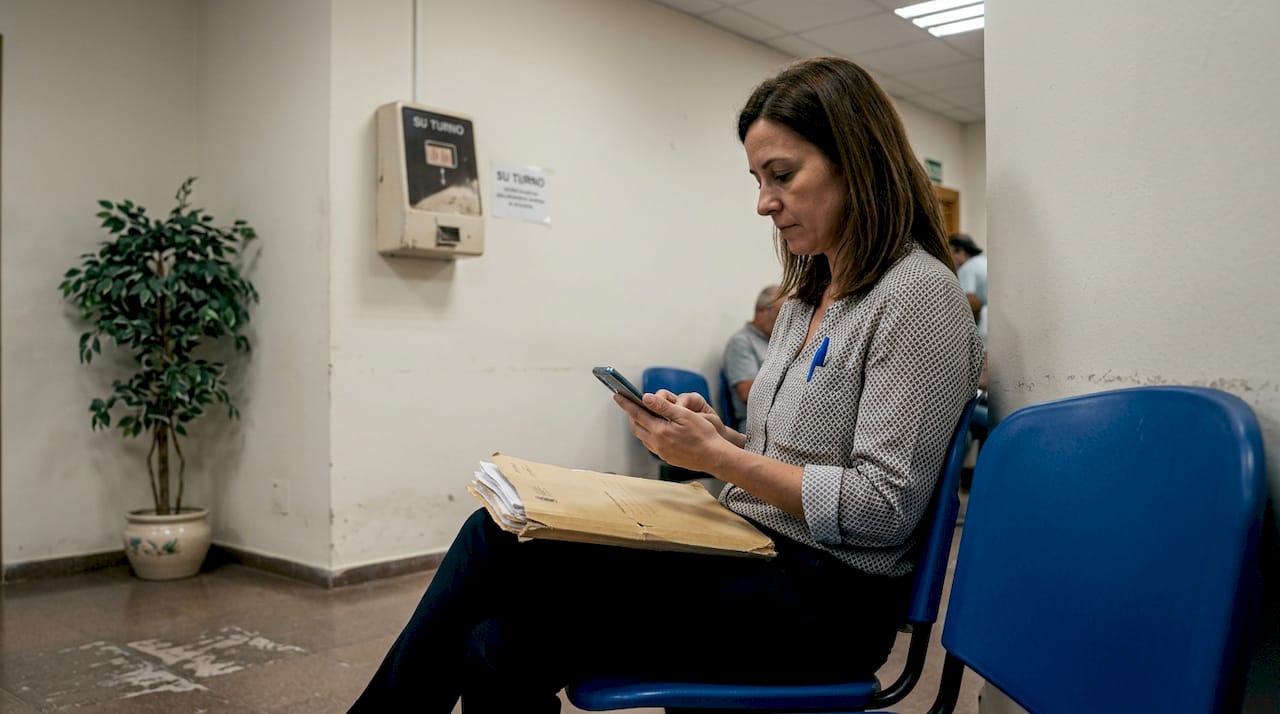 Una mujer aguarda su turno en la sala de espera de inmigración.