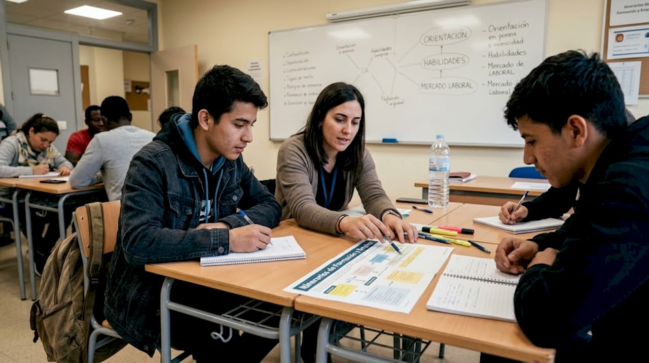 Un grupo de migrantes participa activamente en un taller laboral, tomando apuntes para no perder detalle.