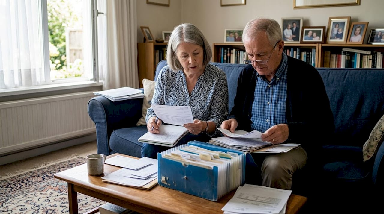Elderly couple preparing financial documents at home