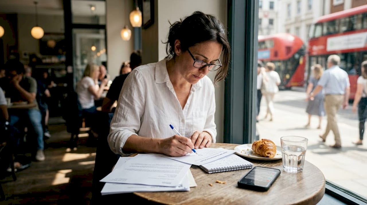 Woman checking visa checklist in city café