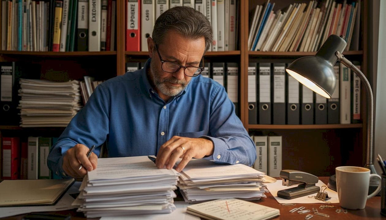Un abogado analiza papeles de regularización en su despacho.
