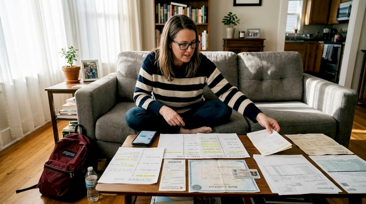 Woman organizing evidence documents in timeline at home