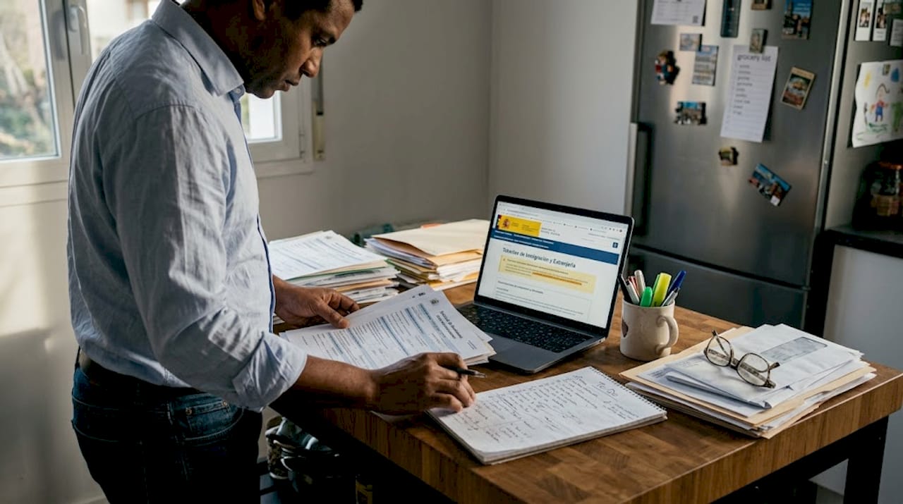 Applicant sorts residency documents in home kitchen
