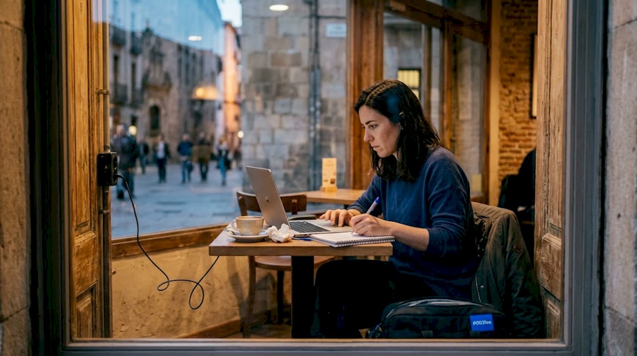 Viviendo como extranjera en España, aprovecho para trabajar con mi portátil desde una cafetería local.