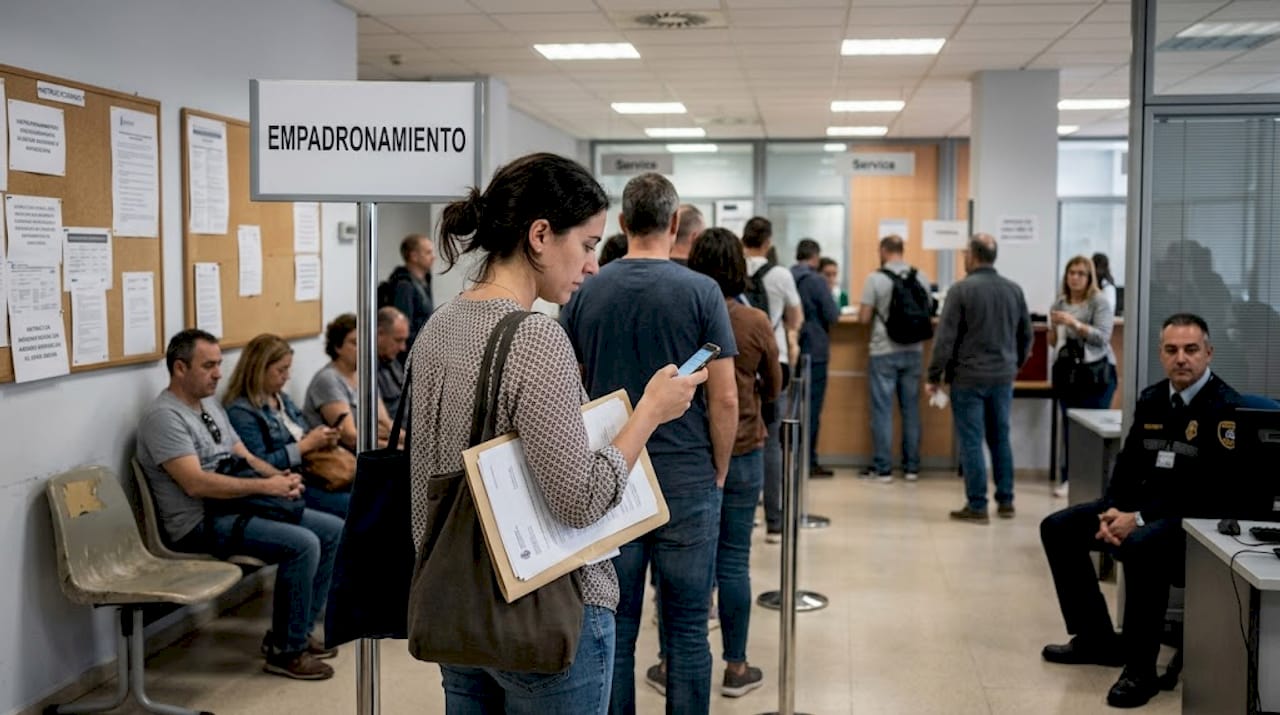 Expat waiting at Spanish city hall with paperwork