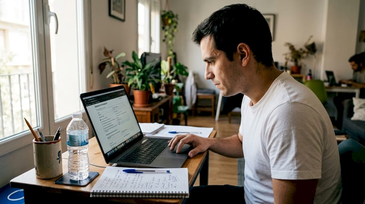 Un hombre revisa un formulario de inmigración en línea mientras está sentado en su escritorio.