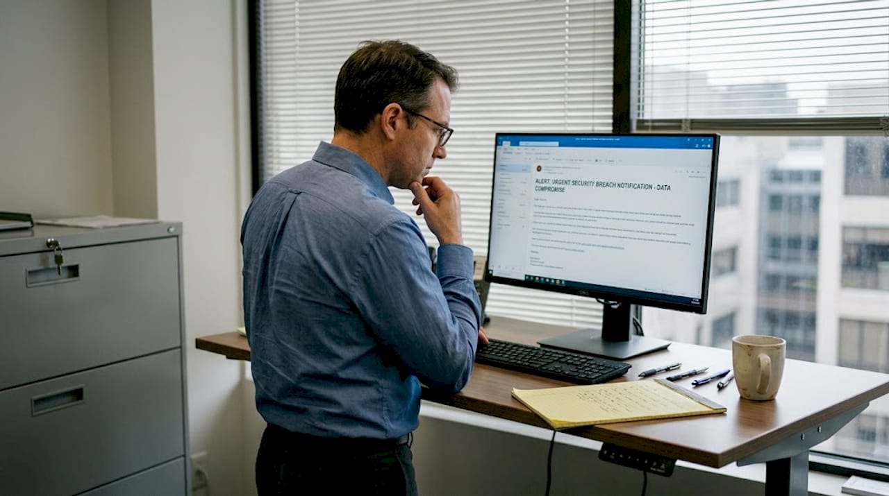 Lawyer reviews data breach information in office