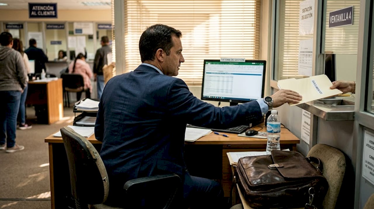 Hombre entregando documentos para realizar trámites en España.