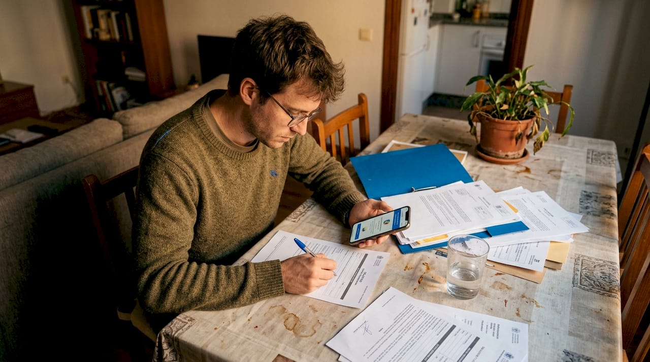 Una persona rellena un formulario sentada en la mesa de su casa.