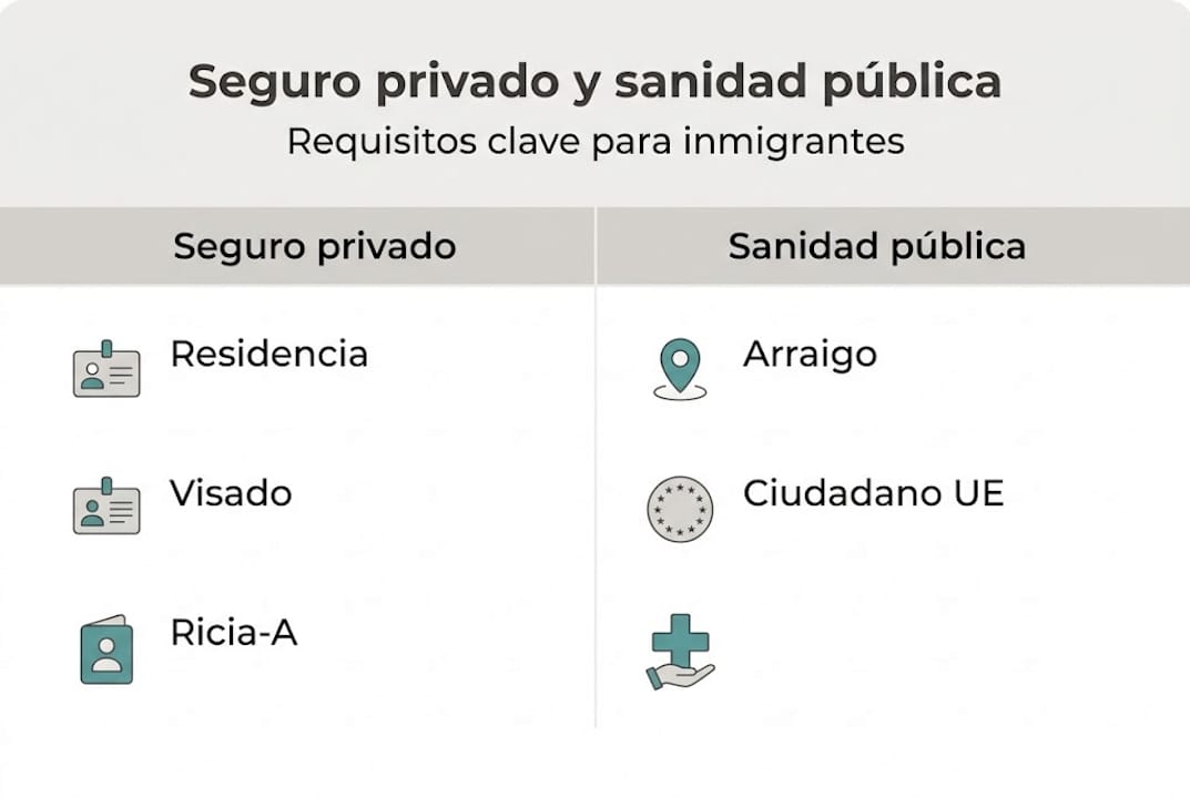 Infografía sobre los requisitos para acceder al seguro y la sanidad pública si eres inmigrante