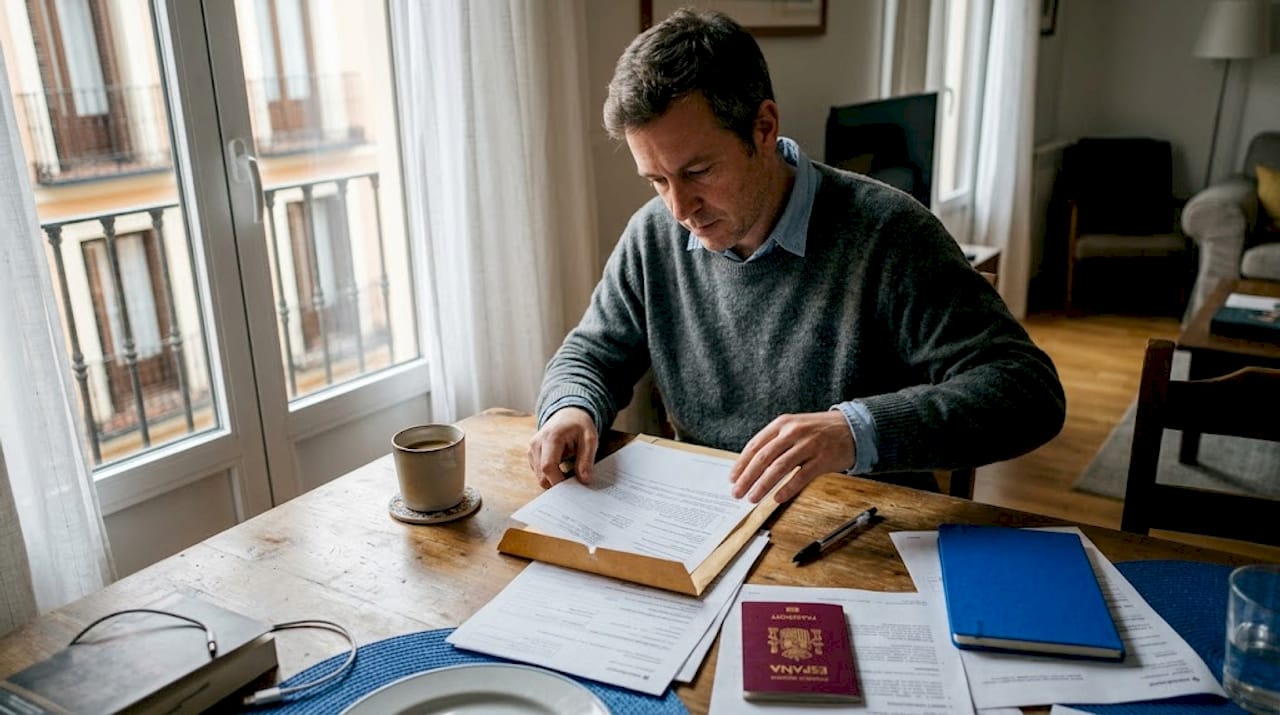 Un hombre revisa y ordena papeles en la mesa de su casa.