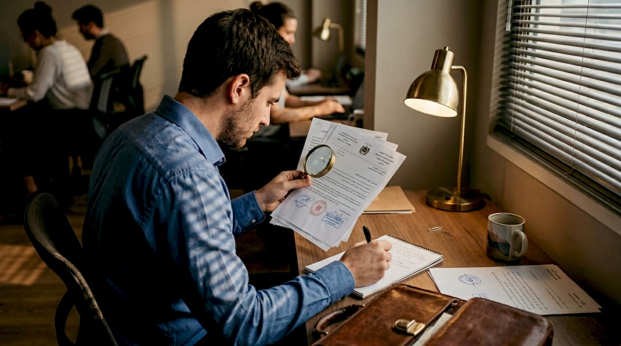 Man checks stamped documents for Spanish residency