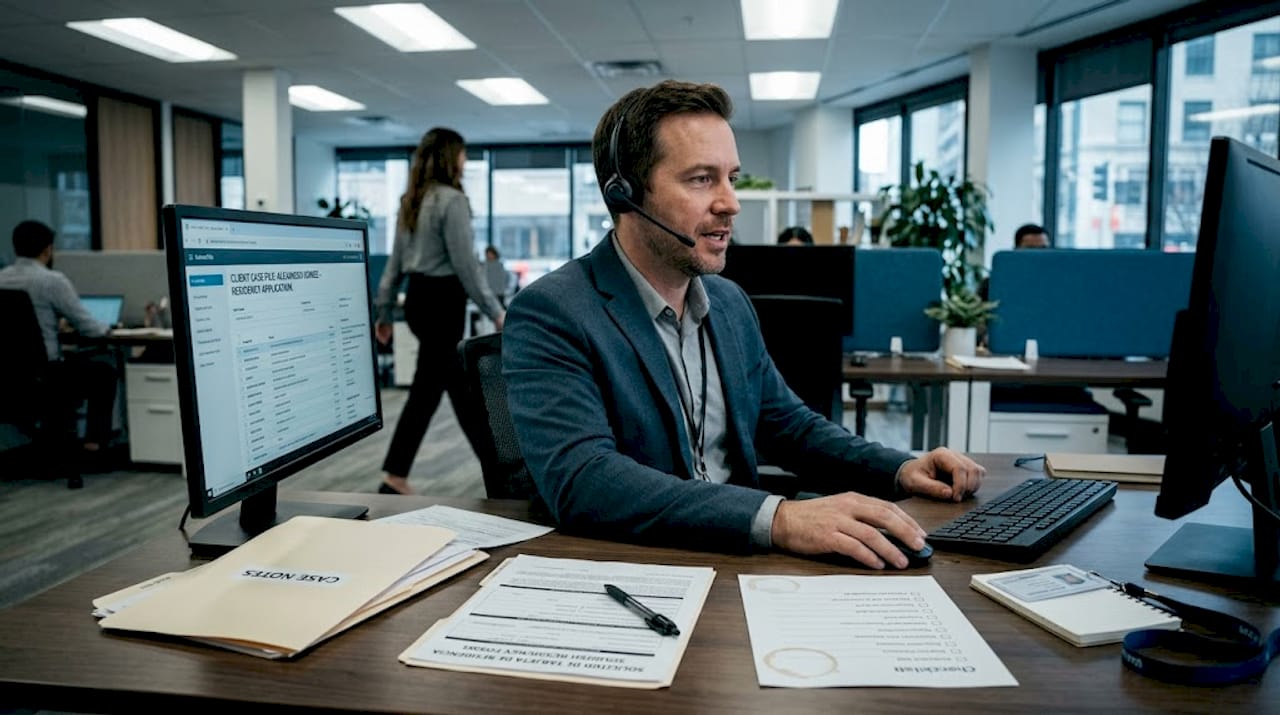 Consultant reviewing online residency files in office