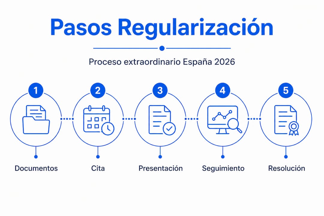 Infografía en formato vertical que explica, paso a paso, cómo regularizar tu situación en España