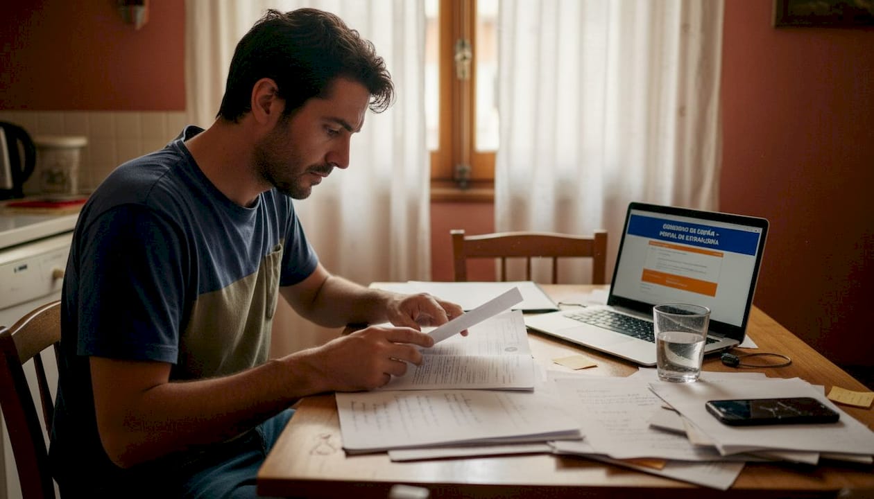 Worker reviewing residency paperwork at home
