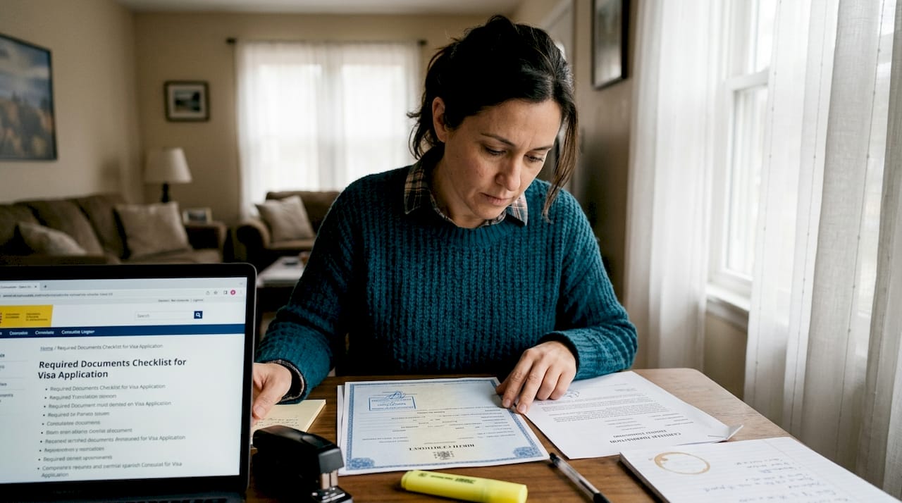 Woman checking documents with apostille stamp