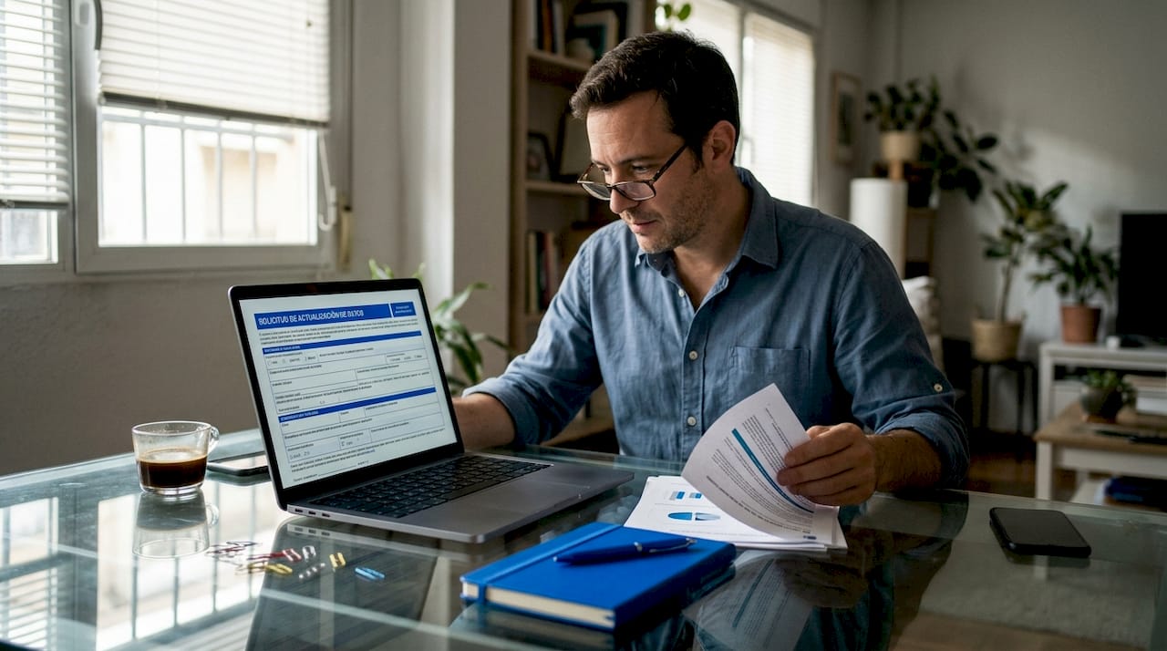 Hombre revisando documentos para su trámite de residencia