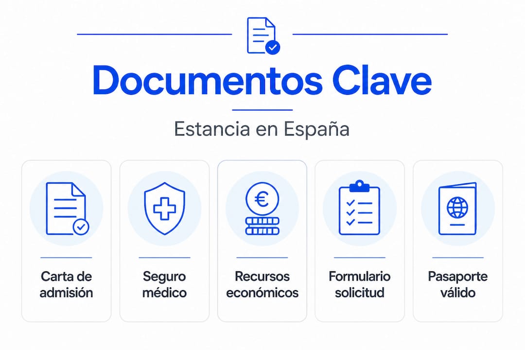 Infografía con los pasos esenciales y la documentación necesaria para tu estancia en España