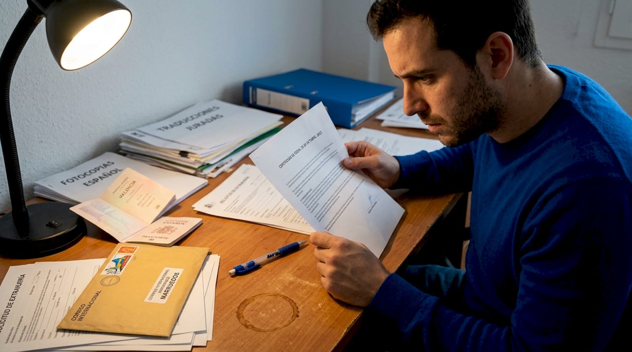 Un hombre verifica la fecha de emisión en unos documentos oficiales.