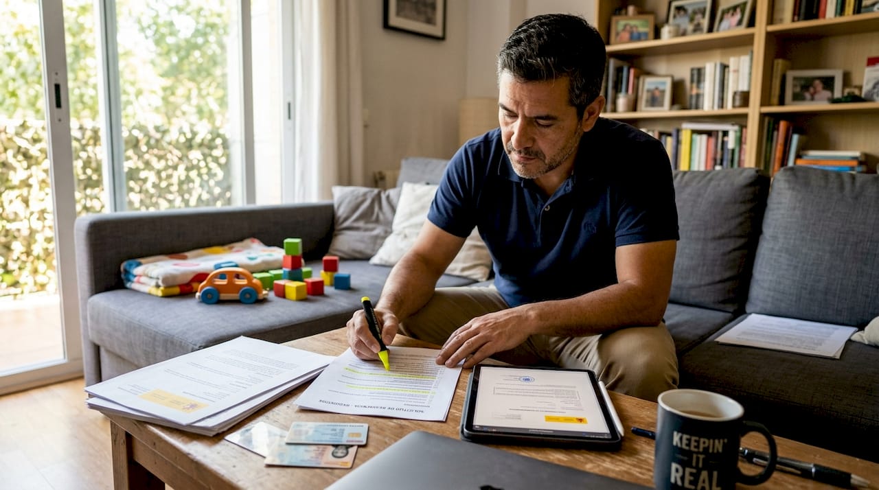 Man checking Spanish residency document checklist in living room