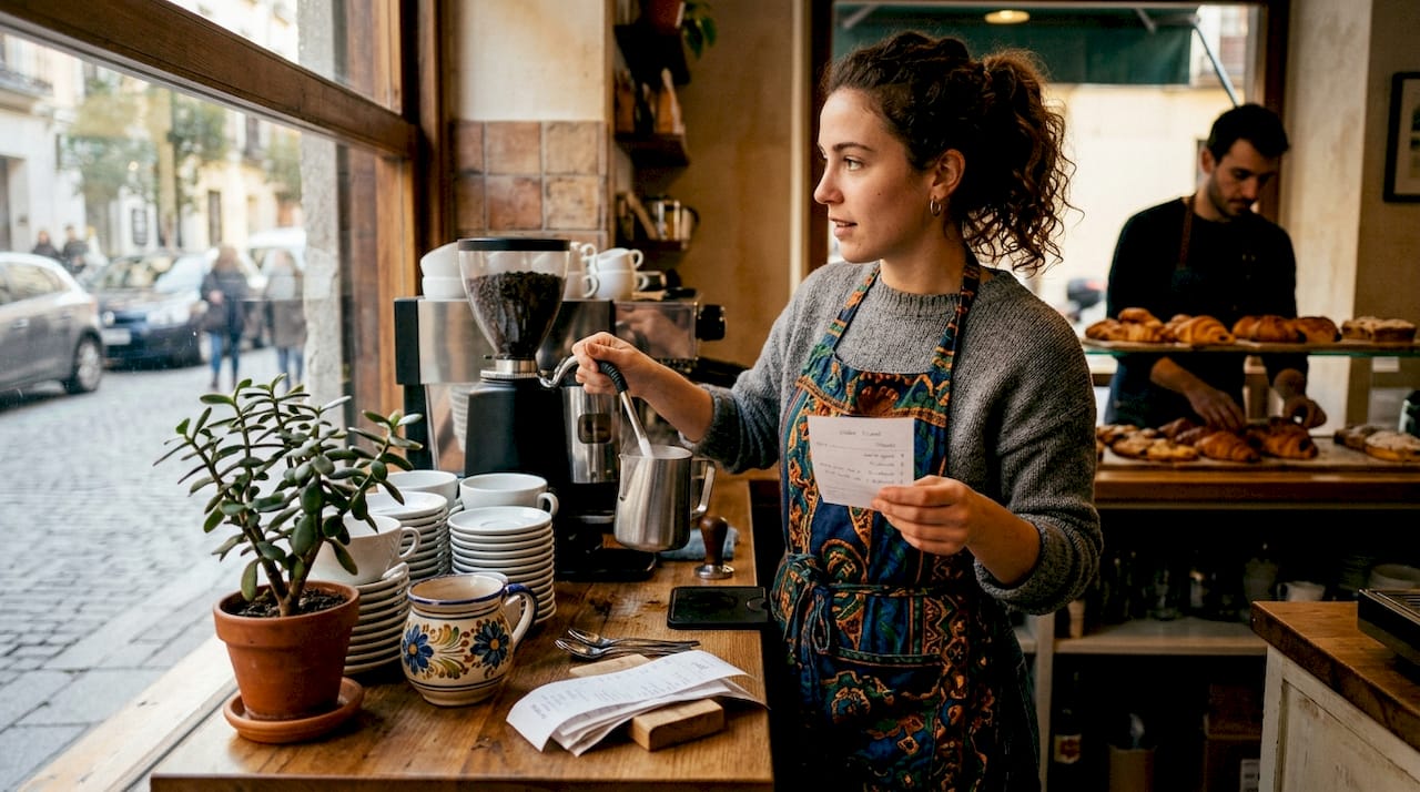 Student working part-time in Barcelona café
