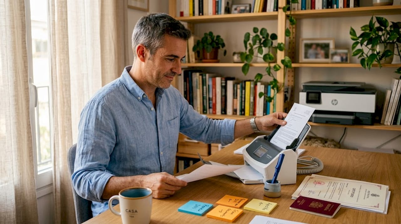 Man scanning Spanish residency application documents