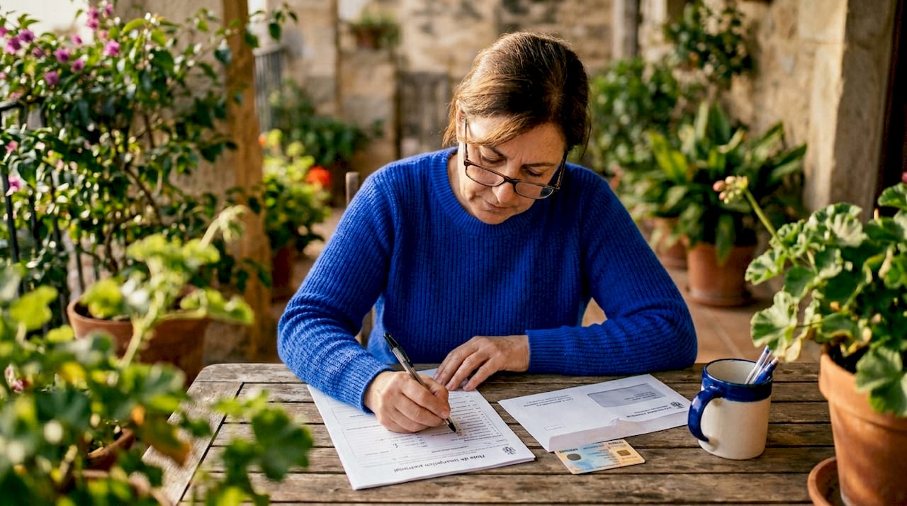 Mujer revisando los papeles de su registro en casa