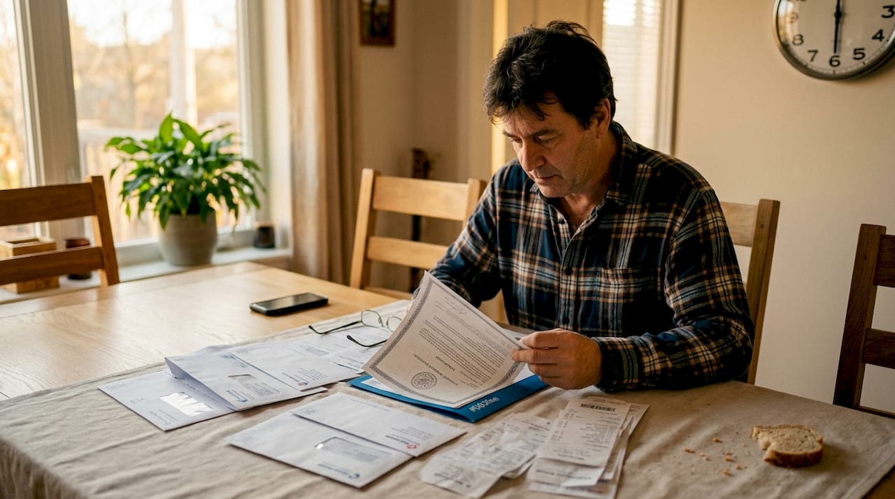 Hombre revisando papeles en su casa