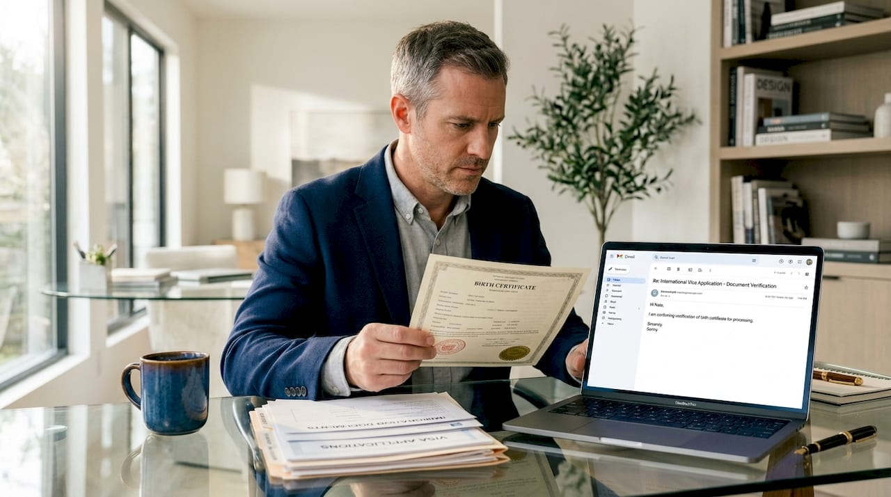 Man checking apostilled document at home desk