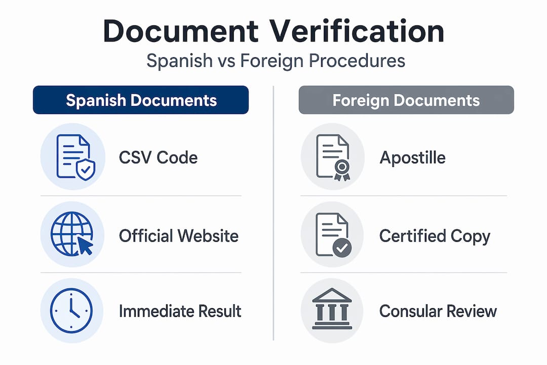 Infographic comparing Spanish and foreign document checks