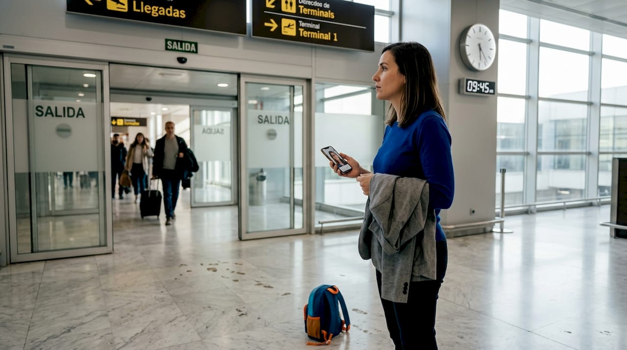Una mujer aguarda con ilusión la llegada de sus seres queridos en el aeropuerto.