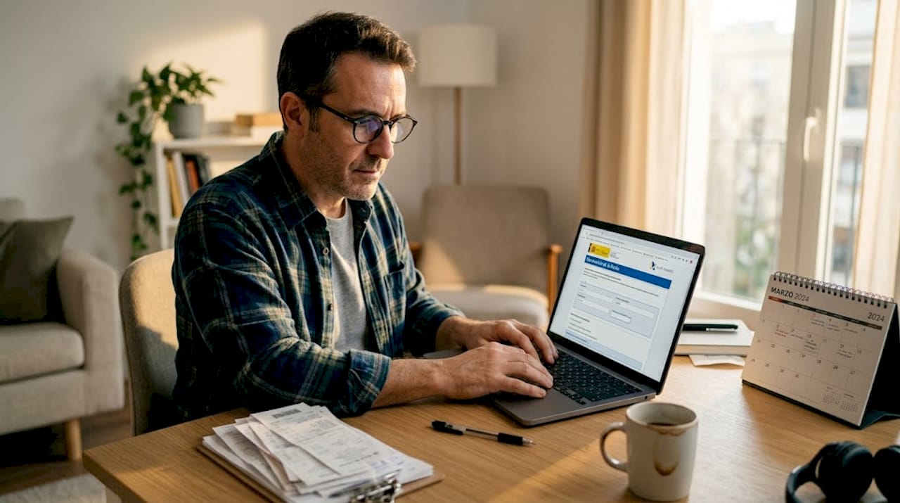 Man filing Spanish tax return at desk