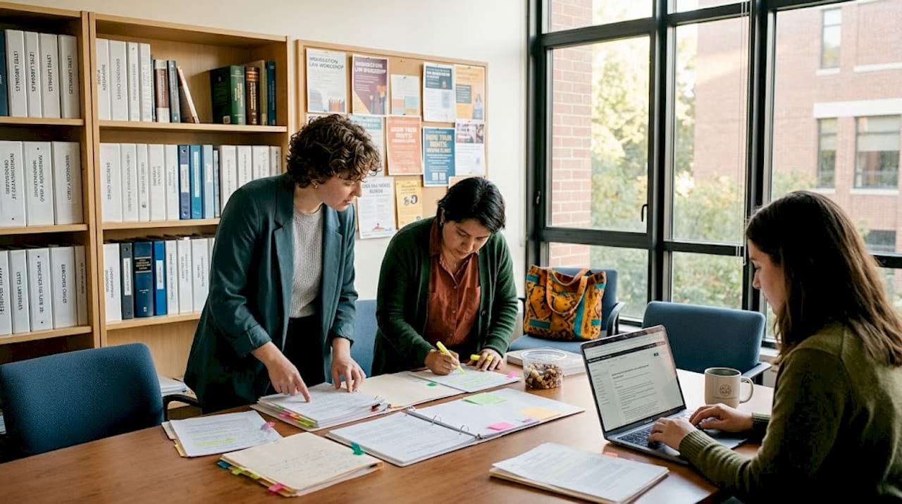 Law students working in legal clinic meeting room