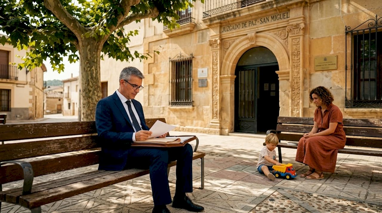 Lawyer reviews documents near Spanish courthouse